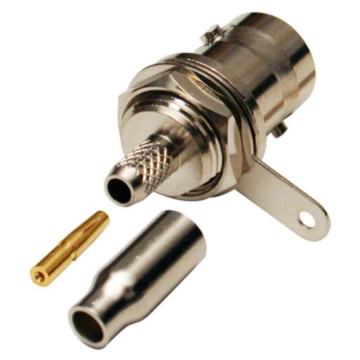 [RFINDUSTRIES_RFB-1116-B-03] RF Industries Conector BNC Hembra a 50 Ohm, Montaje Frontal en D-Plano, Anillo Plegable para Cables RG-174/U y RG-316/U, Niquel/ Oro/ Teflón.