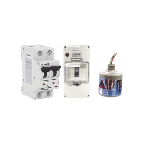 Epcom Kit de Centro de Carga Para Corriente Directa, Breaker de hasta  800 Vcc de 20 A con Supresor de Descargas Atmosféricas.