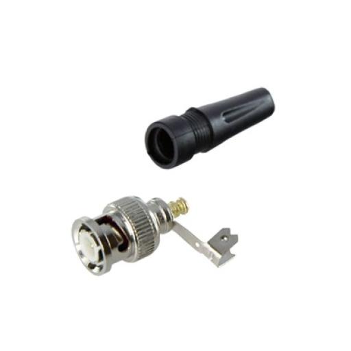 Epcom Conector BNC macho en 75 Ohm, para cable coaxial RG-59/ RG-6 con base de alivio negra de PVC, Níquel/ Oro/ PTFE.