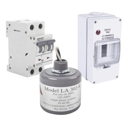 Epcom Kit de Centro de Carga Para Corriente Alterna, Breaker de hasta  400 Vca de 20 A con Supresor de Picos Transitorios.