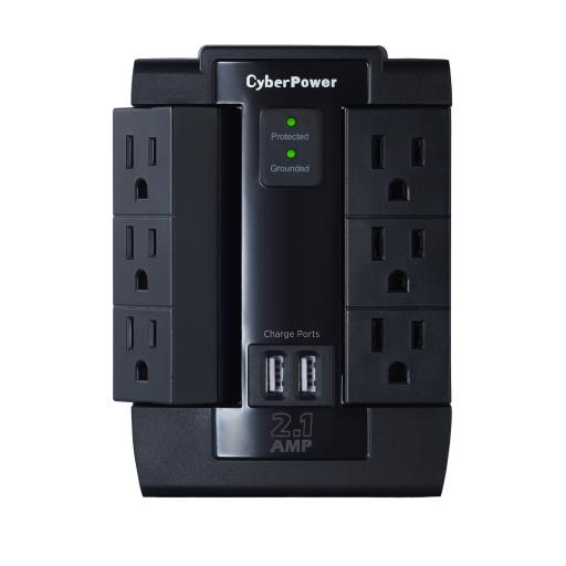 [CYBERPOWER_P600WSURC1] CyberPower Multicontacto con Supresor de Picos de Pared, Voltaje de Entrada 125 Vca NEMA 5-15P, Con 6 Salidas NEMA 5-15R, 2 Puertos de Carga USB, 1200 Joules