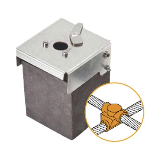 Aplicaciones Tecnológicas Molde de grafito horizontal unión en cruz sobrepuesta de cable 2/0 AWG (pasante) con cable 2/0 AWG (terminal).