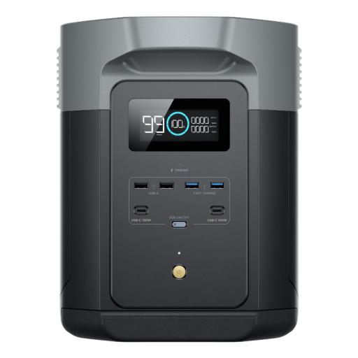 ECOFLOW EcoFlow DELTA 2 MAX | Estación de Energía Portátil 2048Wh Litio LFP / 6 AC 2400 W (Max. 3400W) / 2 USB-C 100W / Capacidad para Aumentar Respaldo / Cargador de Coche 10A a 12.6V / Conectividad WiFi y Bluetooth (App) / Carga Solar 1000W