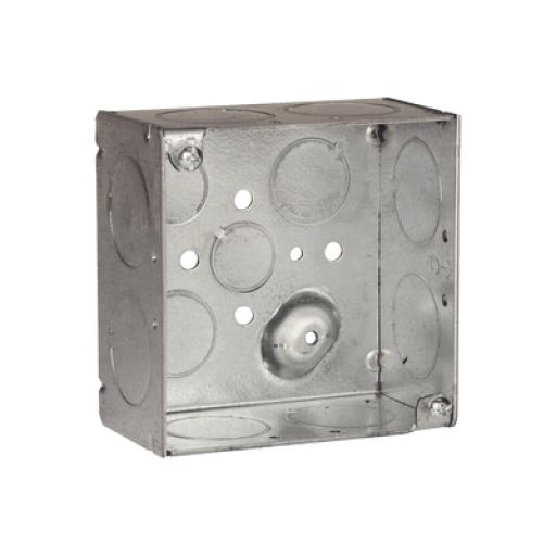 Raco Caja Cuadrada Galvanizada de 4" x 4"/ Profundidad de 2 1/8" /8 Entradas 1", 3 Entradas 1/2" y  2 Entradas 3/4"/ Soldada.