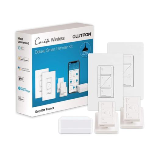 LUTRON CASETA WIRELESS (Caseta Wireless) Kit Hub controlador, 2 atenuadores, 2 controles remotos, 2 base mesa y 2 tapas.