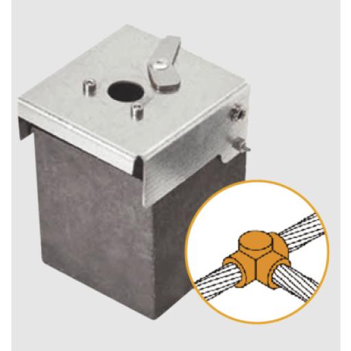Aplicaciones Tecnológicas Molde de grafito horizontal unión en T horizontal de cable 1/0 AWG (pasante) con cable 1/0 AWG (terminal).