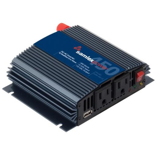 [SAMLEX_SAM-450-12] Samlex Inversor de Corriente Onda Modificada (CD-CA). Potencia Nominal 450 W, Ent:12Vcc, Sal: 115Vca 60 Hz.